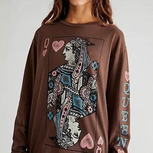 Free People Queen Of Hearts Long Sleeve Brown Graphic Tee Large L Daydreamer